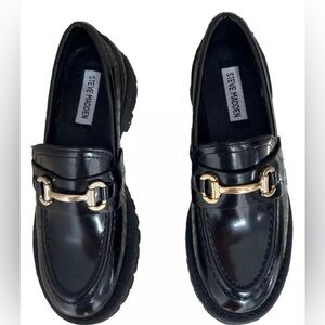 Steve Madden Lando Patent Leather Glossy Black Loafers with Gold Detail